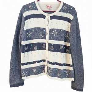 Holiday Time XL Blue Heather Striped Embellished Snowflake Cardigan Sparkle